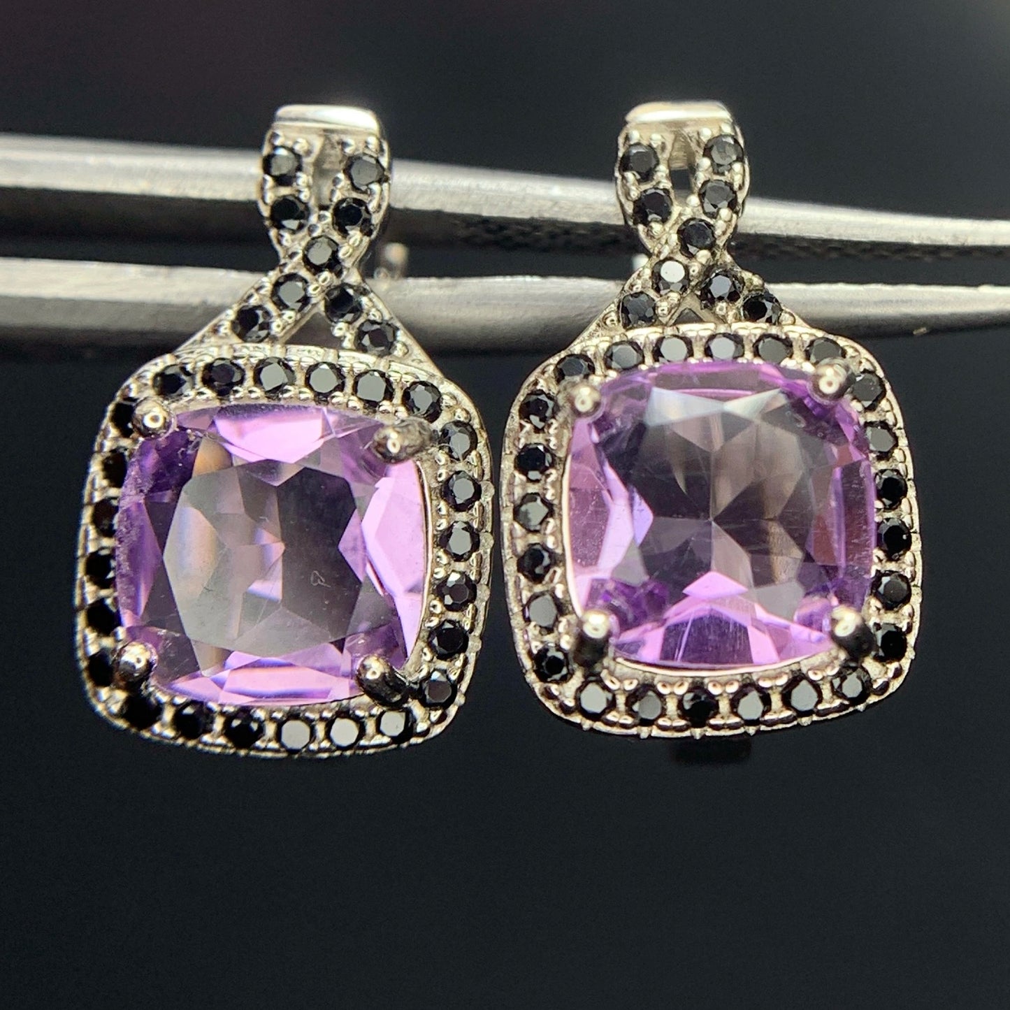 23.12CT Natural Amethyst with Spinel Ear Studs in 925 Silver|Rhodium Plated