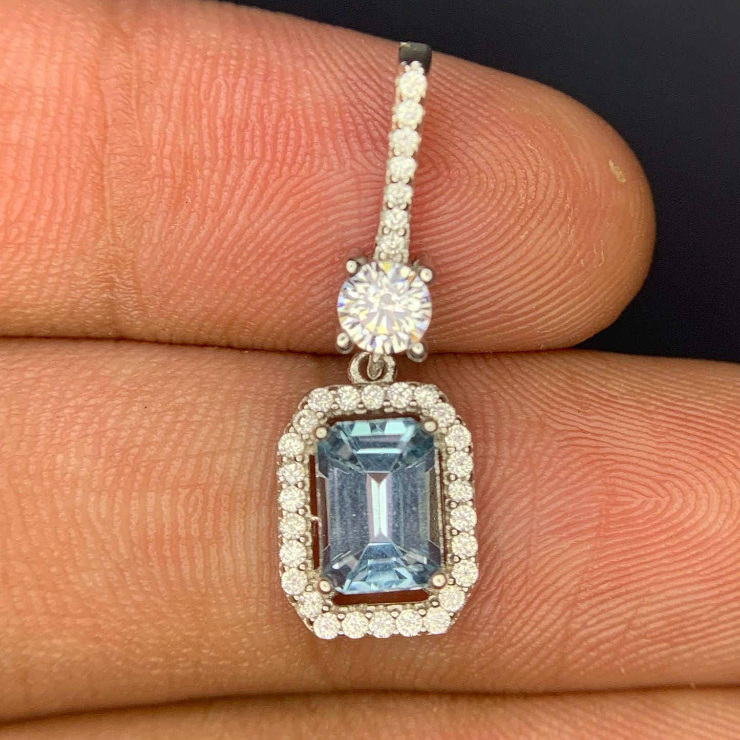 9.64 CT Swiss Blue Topaz with CZ Pendant in 925 Silver|Rhodium Plated