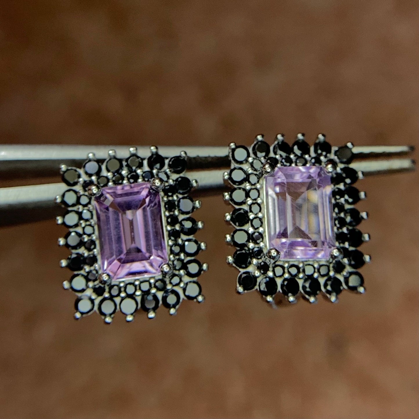 18.47CT Natural Amethyst with Spinel Ear Studs in 925 Silver with Rhodium