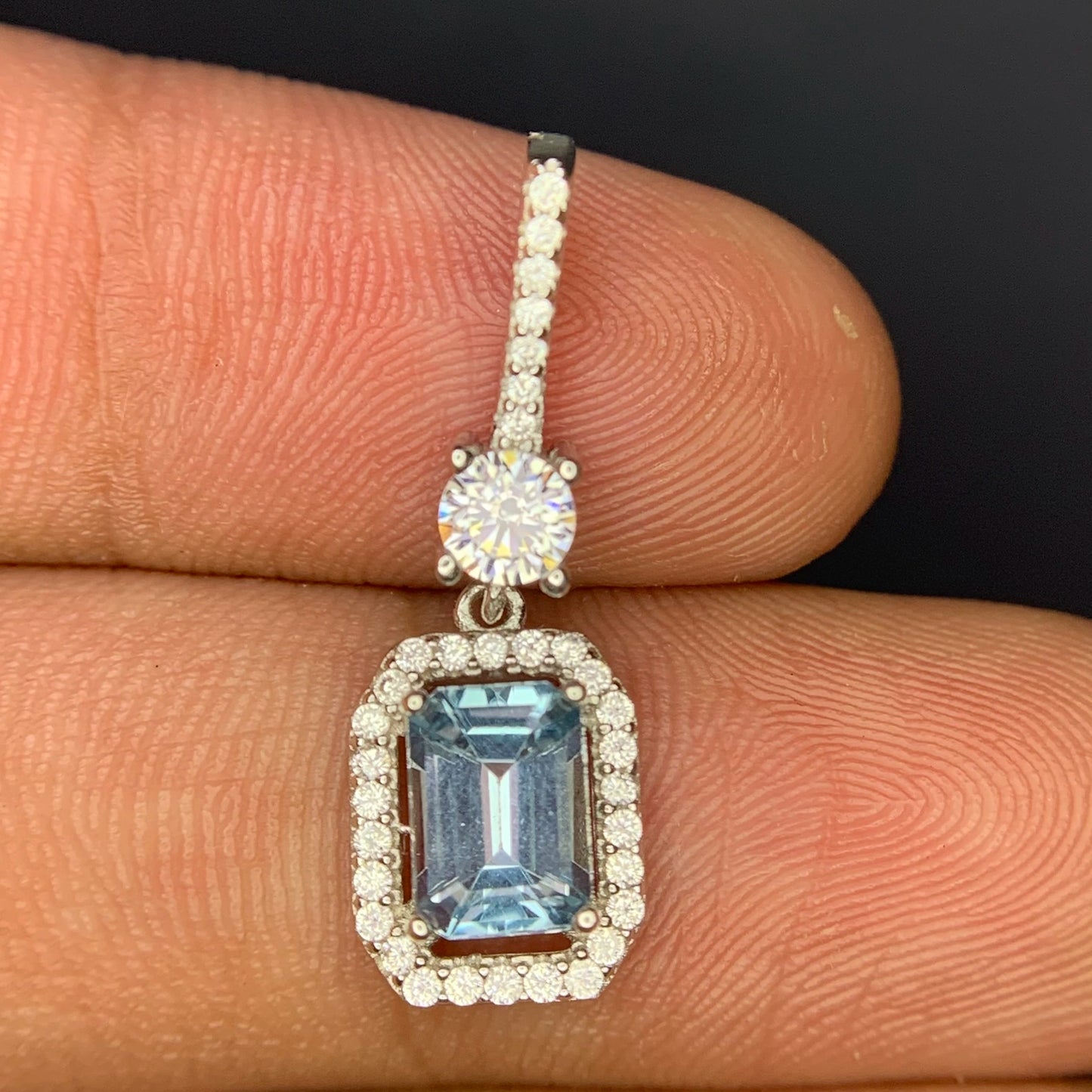 9.64 CT Swiss Blue Topaz with CZ Pendant in 925 Silver|Rhodium Plated