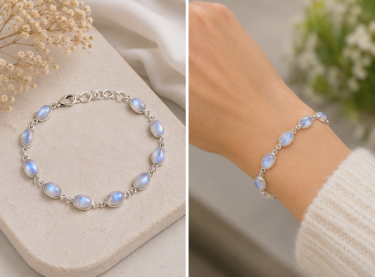Armband van 925 sterling zilver met tien ovale regenboogmaanstenen