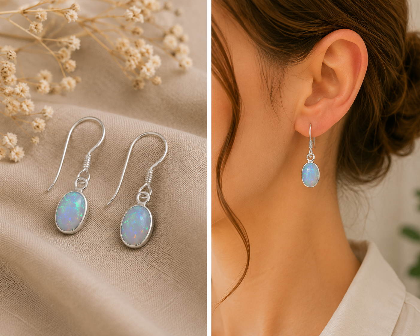 Natuurlijke oorbellen met Ethiopische opaal – ovaal, chatonzetting, 925 sterling zilver