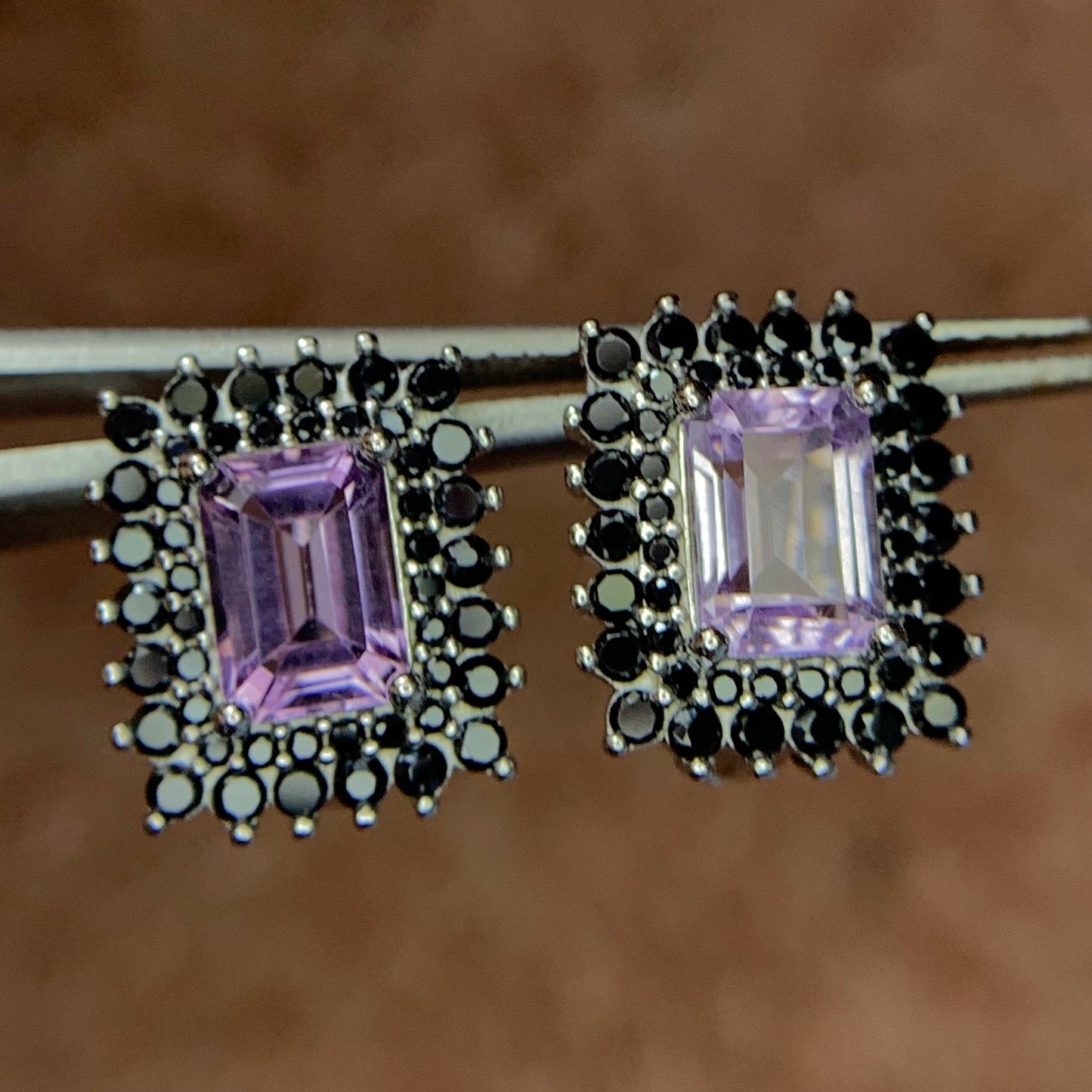 18.47CT Natural Amethyst with Spinel Ear Studs in 925 Silver with Rhodium