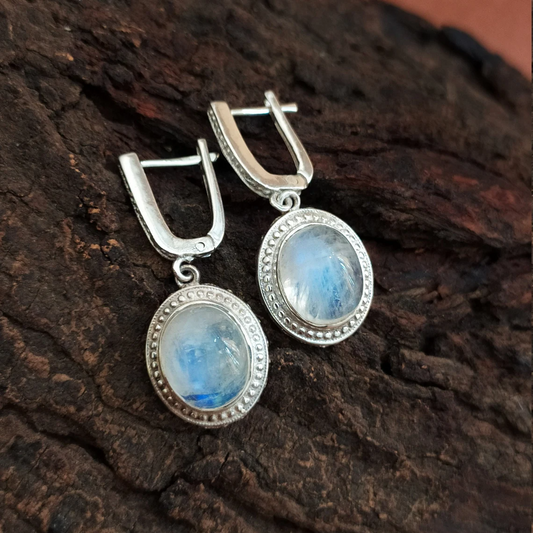 Blue Fire Moonstone Drop Earrings – 925 Sterling Silver