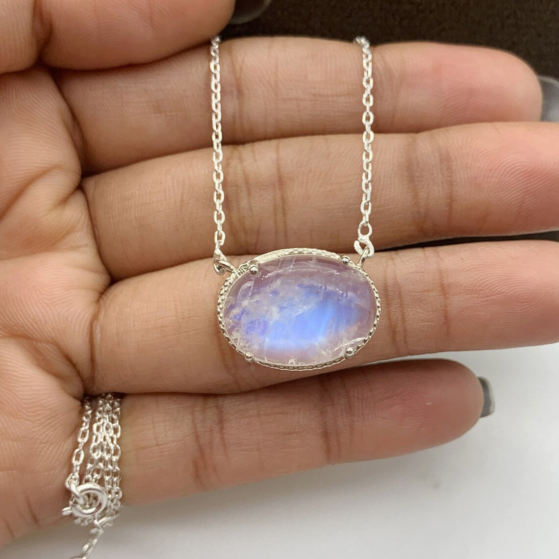 Blue Fire Maansteen Ketting – 925 Sterling Zilver • Ovale Vintage Hanger