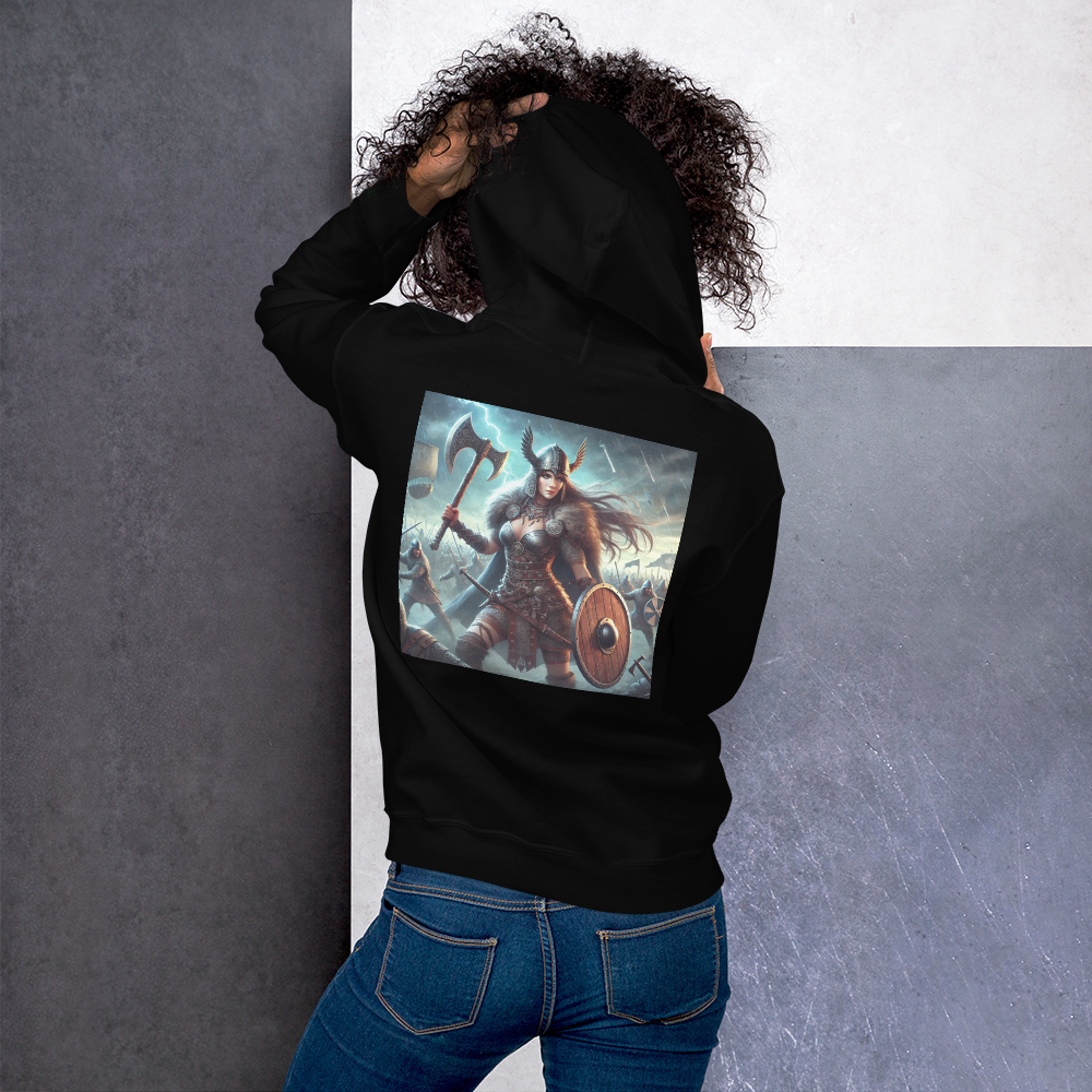 Viking Hoodie – Stoere en Comfortabele Hoodie met Krijgshaftige Viking Vrouw – Perfect voor Avonturiers en Viking Fans