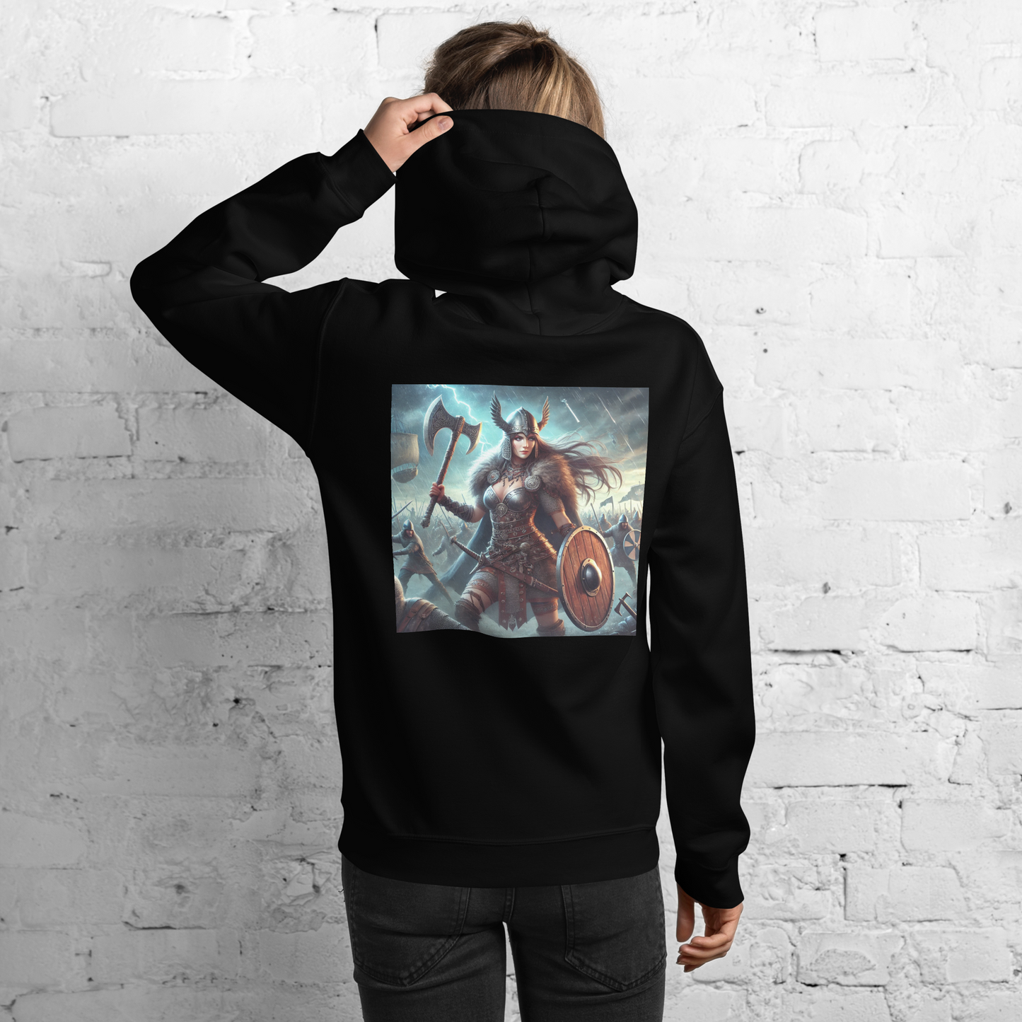 Viking Hoodie – Stoere en Comfortabele Hoodie met Krijgshaftige Viking Vrouw – Perfect voor Avonturiers en Viking Fans