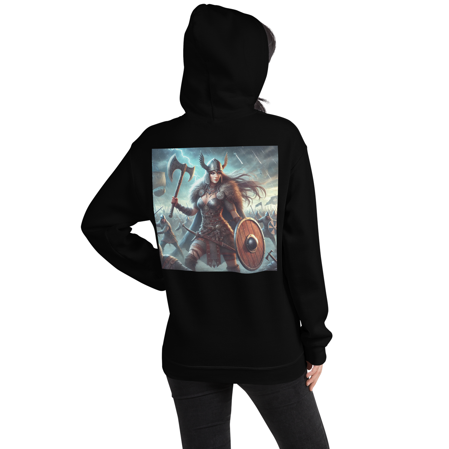 Viking Hoodie – Stoere en Comfortabele Hoodie met Krijgshaftige Viking Vrouw – Perfect voor Avonturiers en Viking Fans