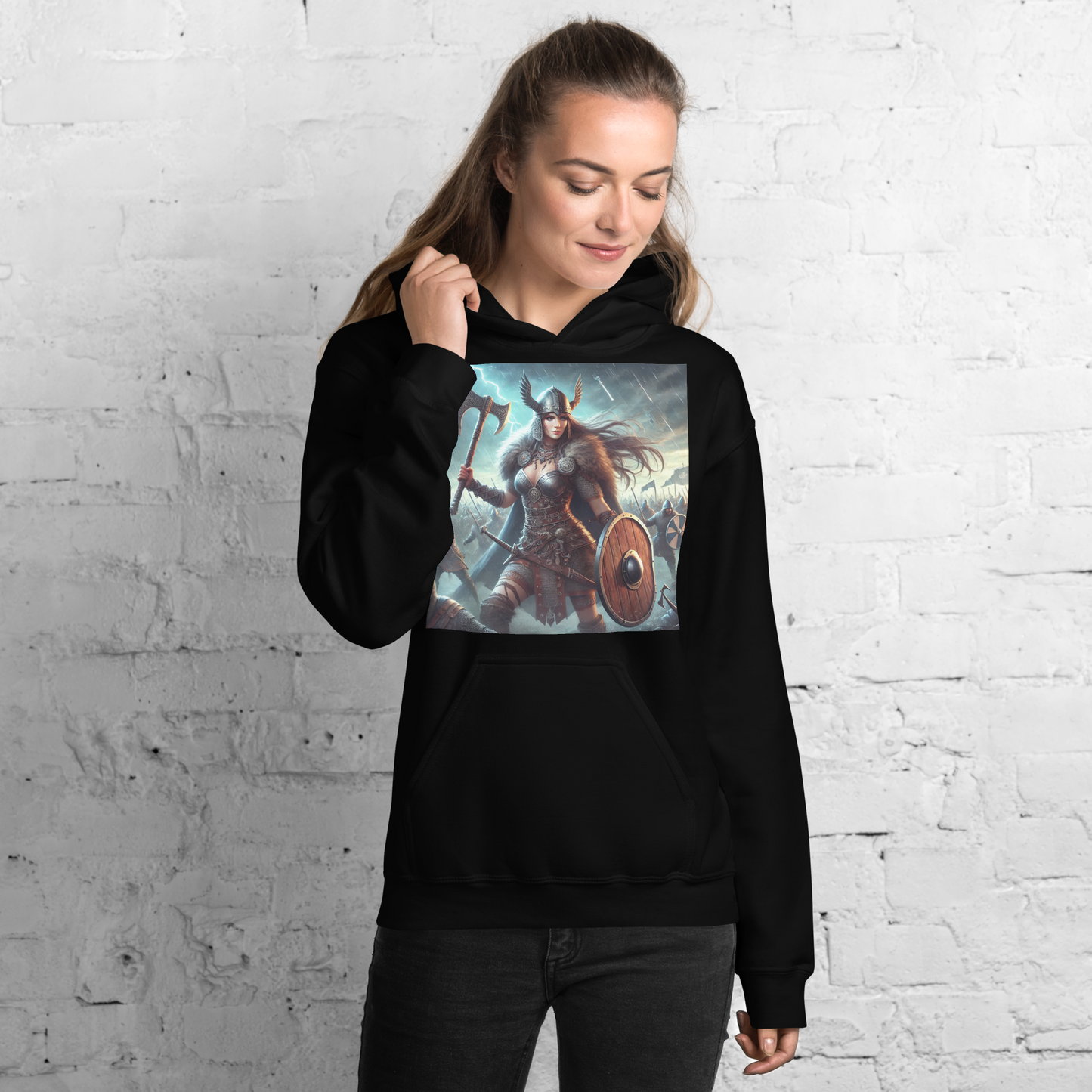 Viking Hoodie – Stoere en Comfortabele Hoodie met Krijgshaftige Viking Vrouw – Perfect voor Avonturiers en Viking Fans