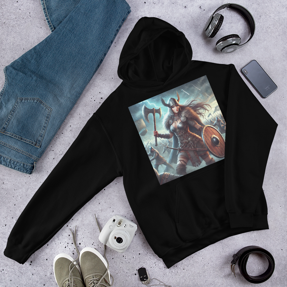 Viking Hoodie – Stoere en Comfortabele Hoodie met Krijgshaftige Viking Vrouw – Perfect voor Avonturiers en Viking Fans