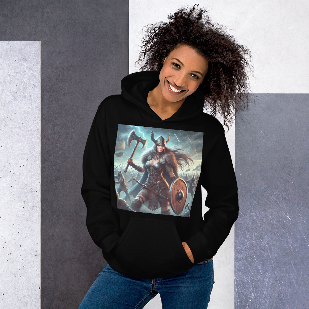 Viking Hoodie – Stoere en Comfortabele Hoodie met Krijgshaftige Viking Vrouw – Perfect voor Avonturiers en Viking Fans