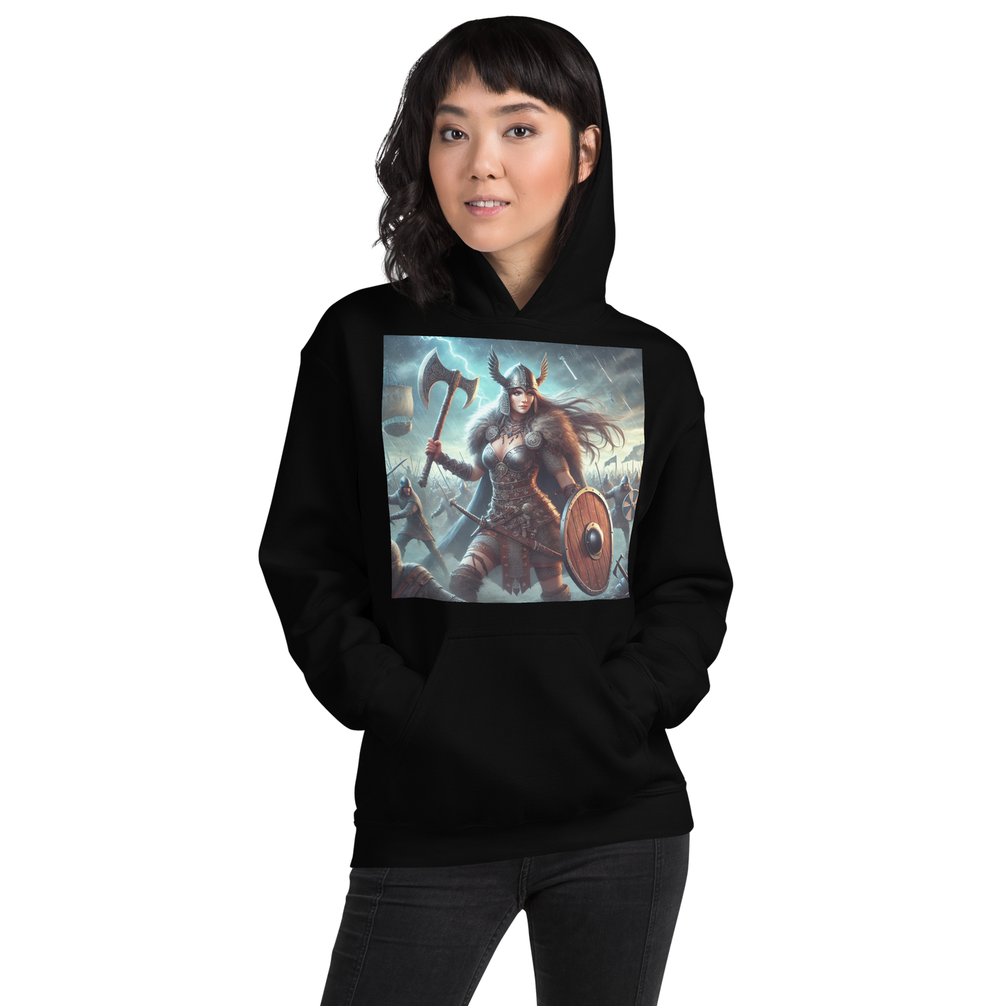 Viking Hoodie – Stoere en Comfortabele Hoodie met Krijgshaftige Viking Vrouw – Perfect voor Avonturiers en Viking Fans