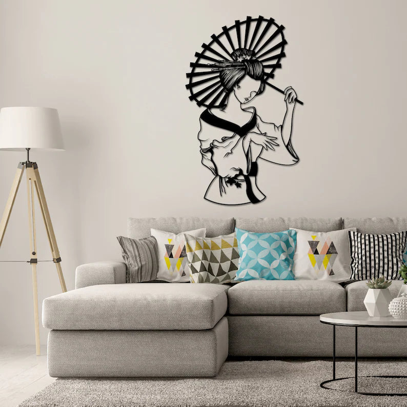 "Haal de elegantie van Japan in huis met onze unieke 3D-effect wanddecoratie vrouw!"